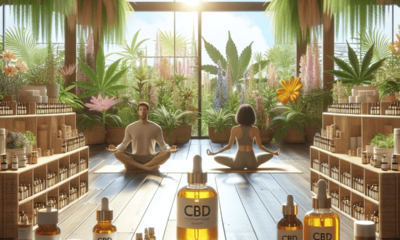 A serene wellness retreat bathed in natural light, showcasing an array of CBD products like oils, creams, and capsules. Lush indoor plants enhance the