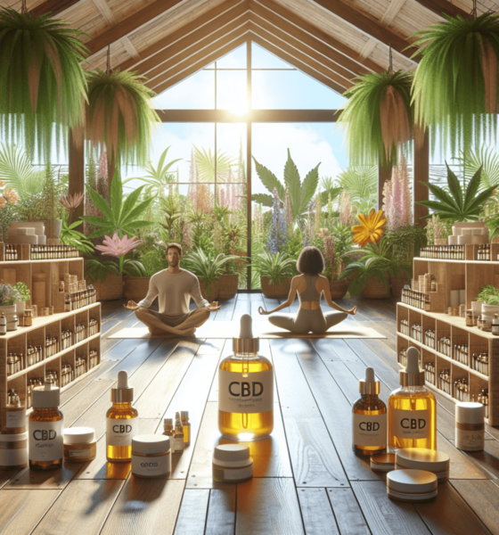 A serene wellness retreat bathed in natural light, showcasing an array of CBD products like oils, creams, and capsules. Lush indoor plants enhance the