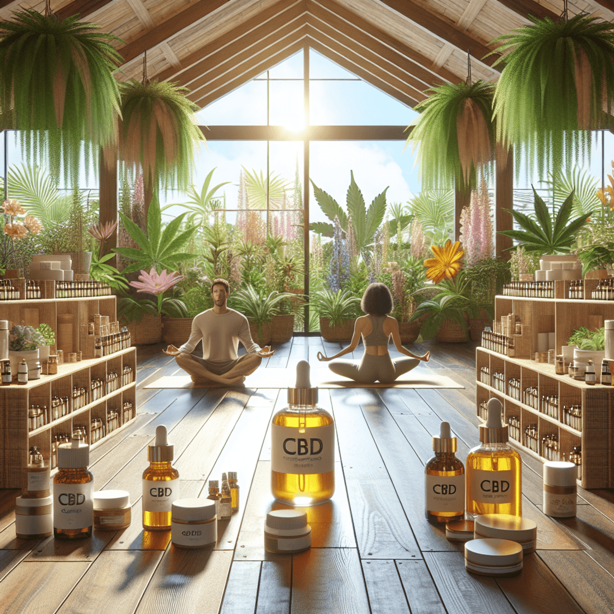 A serene wellness retreat bathed in natural light, showcasing an array of CBD products like oils, creams, and capsules. Lush indoor plants enhance the